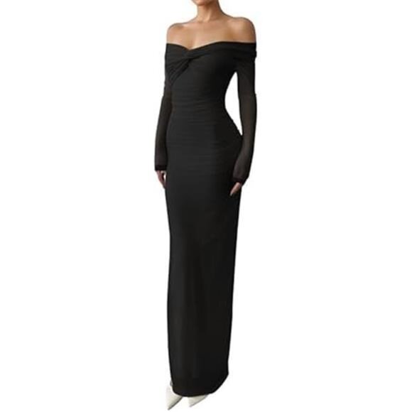 Off Shoulder Long Sleeve Maxi Dress Black - Picture 2 of 6